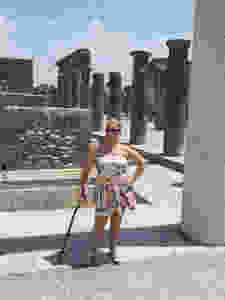 Maryann in Greece with cane