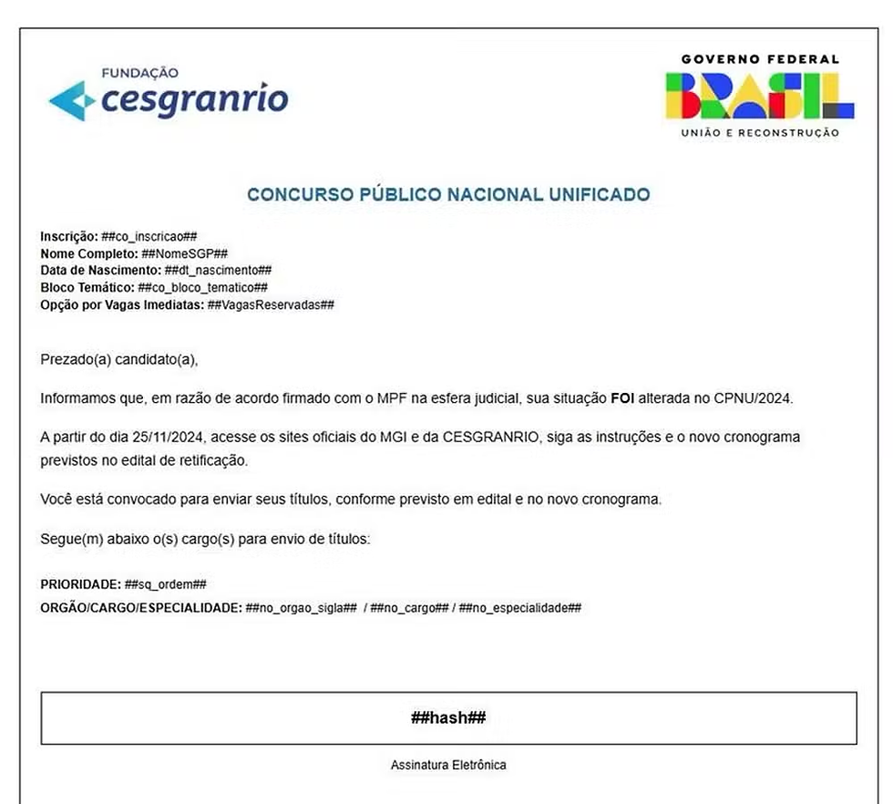 Mensagem que aparece para candidatos do CNU que tiveram a situação alterada