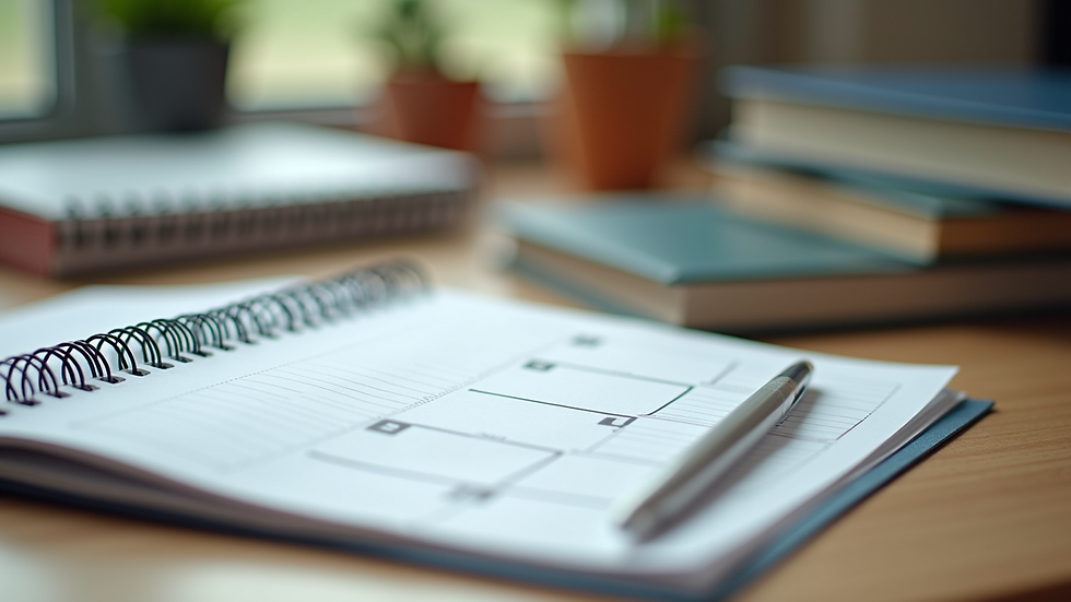 Close-up view of a study planner and textbooks on a desk