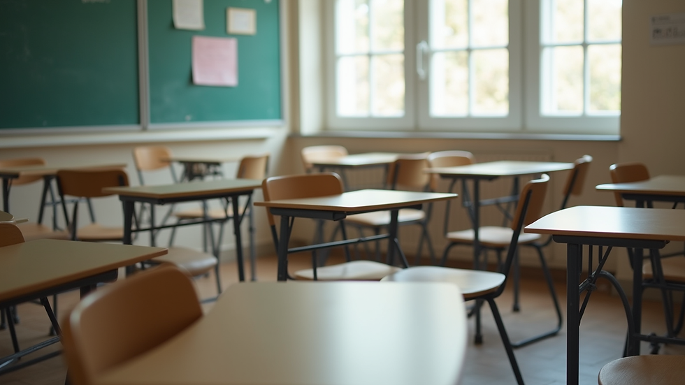 eye-level view of classroom with individual desks and study materials