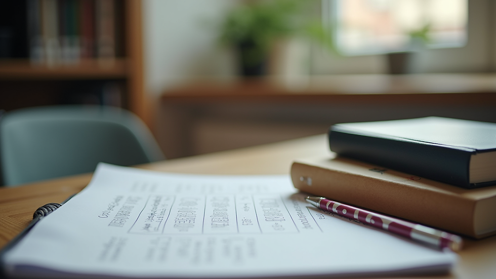 Close-up view of a study desk with textbooks and notes neatly arranged