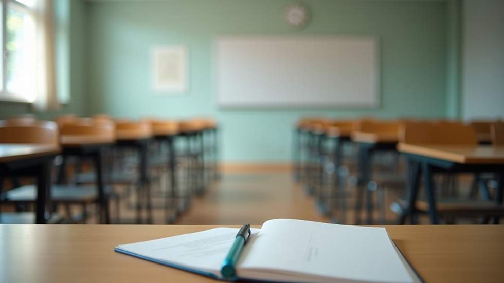 eye-level view of a classroom with desks and study materials