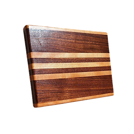 This image displays a finely crafted wooden cutting board featuring a distinctive striped pattern of alternating dark brown and light wood planks. Its surfaces are smoothly finished with rounded, polished edges, highlighting its artisanal quality.