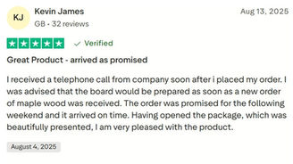 The image displays a positive review for a product, highlighting a customer's satisfaction with a chopping board. The review mentions the company's excellent customer service and the custom fit of the product for their new kitchen.