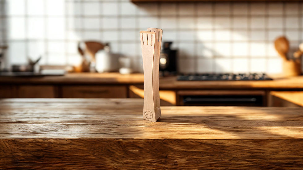 A retro-style cream-colored toaster with wooden tongs sits on a wooden countertop in this kitchen scene. The toaster is the m