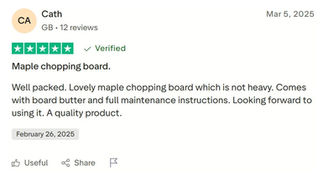 The image displays a positive review for a product, highlighting a customer's satisfaction with a chopping board. The review mentions the company's excellent customer service and the custom fit of the product for their new kitchen.