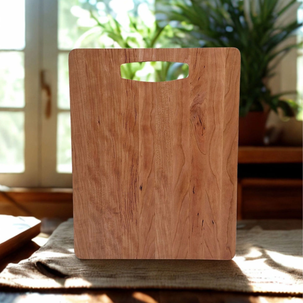 The image prominently features a rectangular wooden cutting board with a handle, displaying a warm reddish-brown wood grain.
