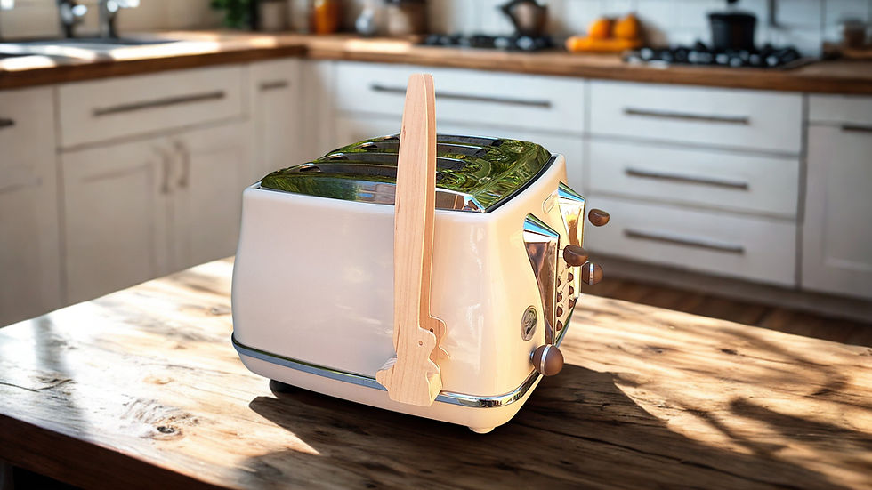 A retro-style white toaster, accompanied by wooden tongs, is the focal point of this image, set on a wooden countertop in a w