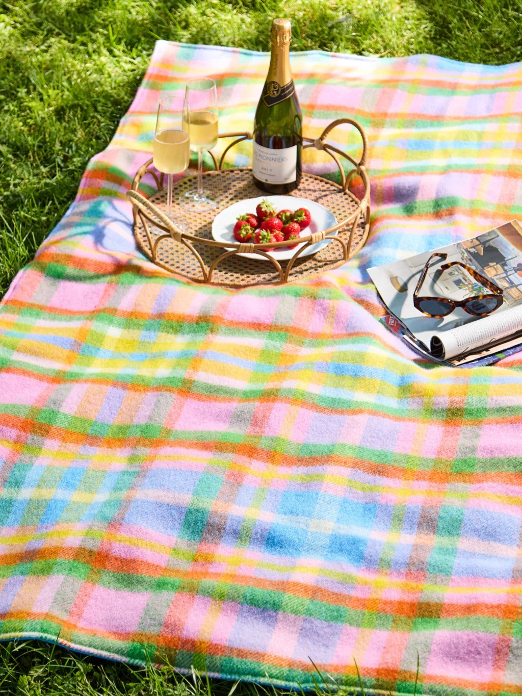 The Wool Blanket Online Festival Waterproof Picnic Blanket in Rainbow Check