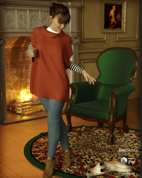 Image shows Daz3D female character wearing jeans, camel-coloured ankle boots a black and white stripey long-sleeved top and a burnt orange poncho over (dForce Winter Kisses Outfit from Moonscapes Graphics for Genesis 8 Female(s)), standing by a fire and looking down at her cat on the rug.