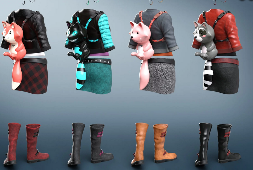 Image shows the additional textures for the Renardeau Outfit and highlights the cute, complementary animal backpacks