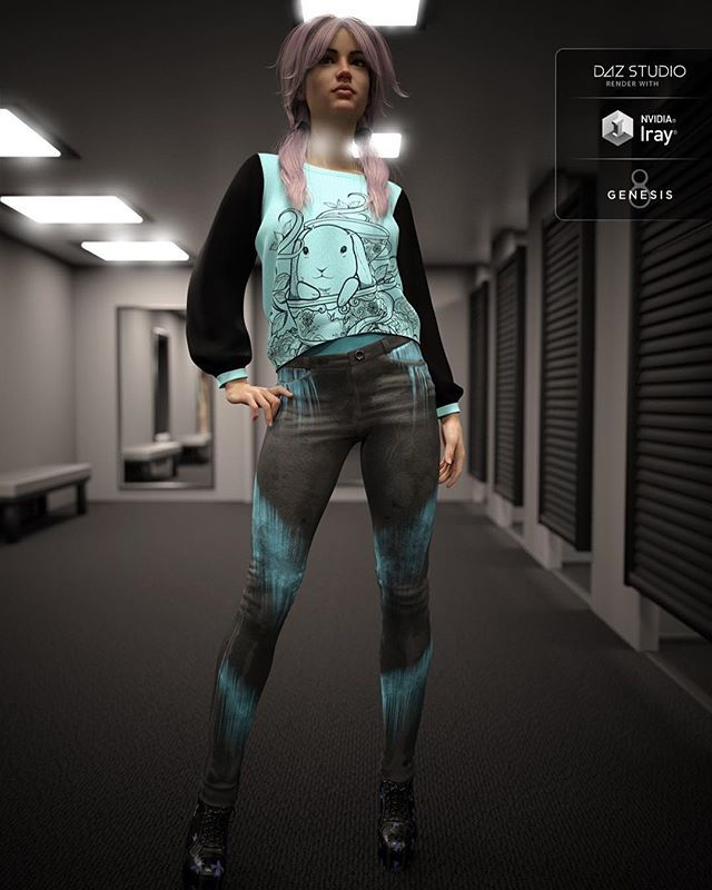 3d render of a young woman wearing a jumper with rabbit design and black acid wash jeans