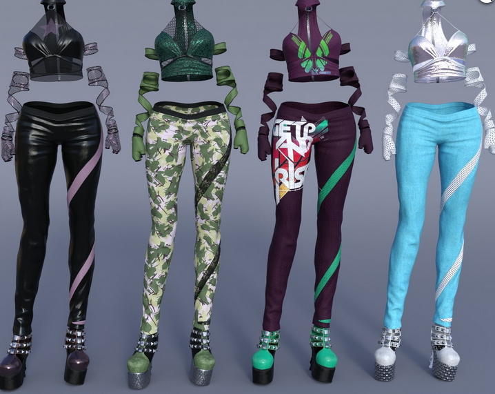 Image shows the four additional textures offered as part of the Charmer Outfit Texture Pack for Genesis 8 Female