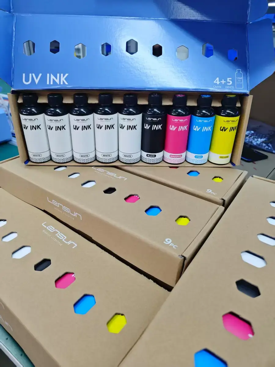 Paquete de 8 botellas de tinta UV marca Lensun original para impresoras de fundas, configuración de 4 tintas blancas y 4 de c