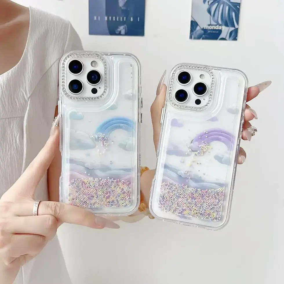Funda transparente con diseño de arcoíris movidiza y brillos para celular. Venta por mayoreo para revendedores con mica 9D