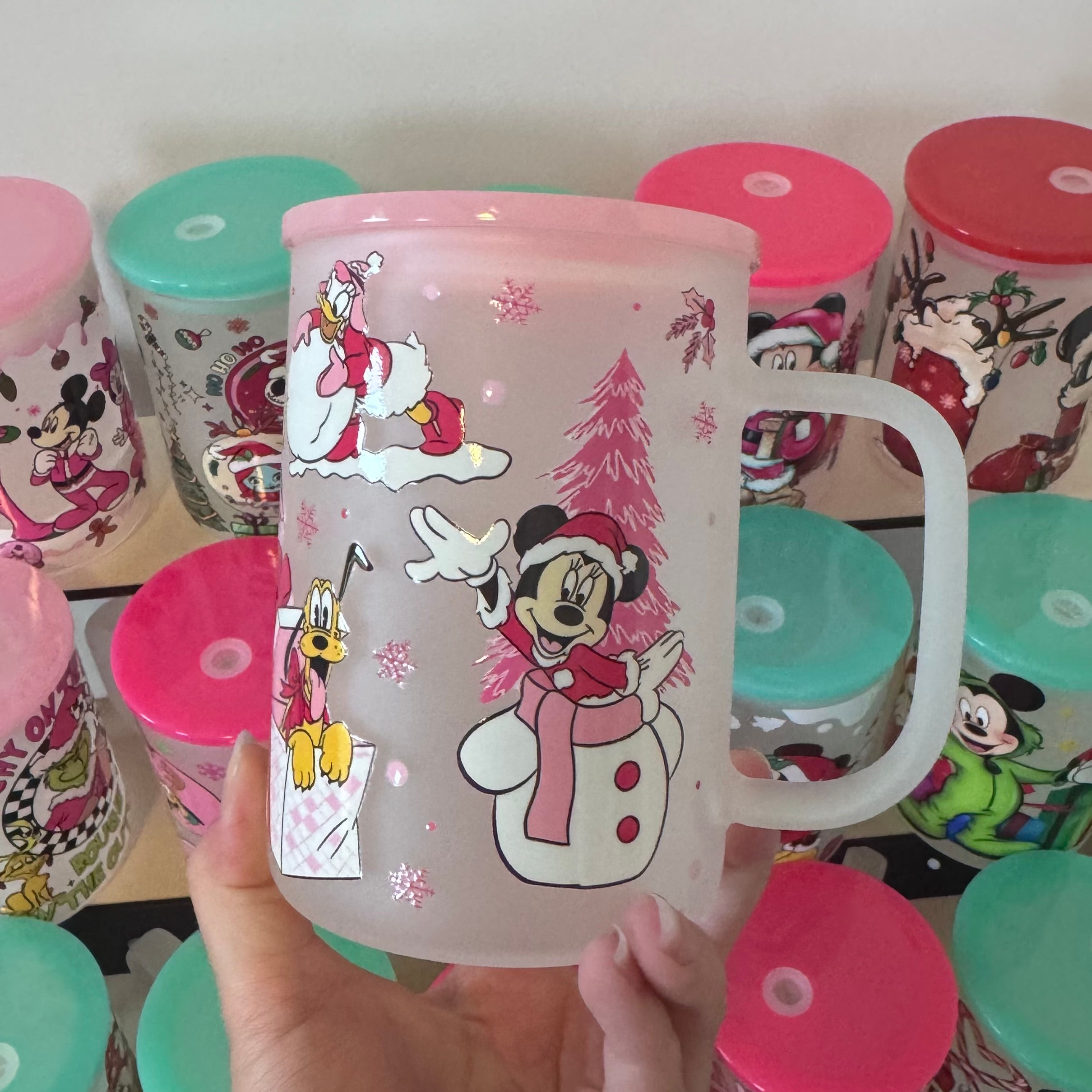 Pink Mickey Christmas 17oz Glass Mug with UV DTF