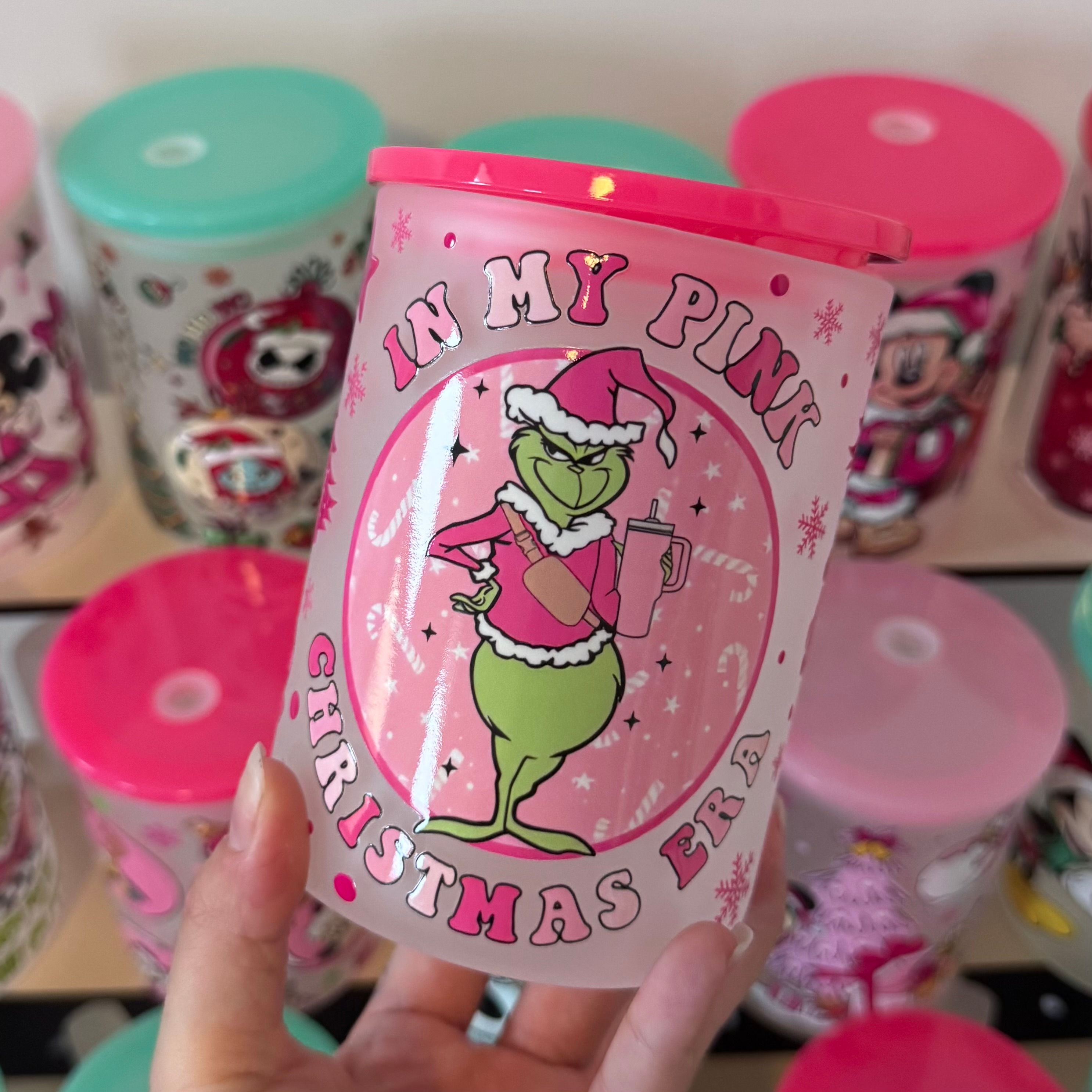Pink Grinch 17oz Glass Mug with UV DTF