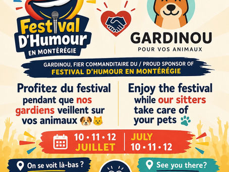 Affiche promotionnelle de Gardinou, fier commanditaire du Festival d'Humour en Montérégie 2026, présentant les logos de Gardinou et du FHEM ainsi que les dates du festival à Chambly, Québec. English