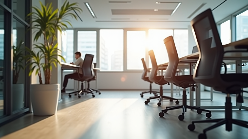 Eye-level view of a modern office workspace with ergonomic chairs and natural light