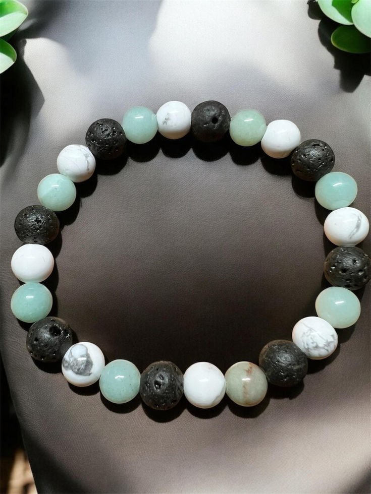 Crystal bracelet for anger control and stress relief with Howlite, Amazonite, and Lava stone beads
