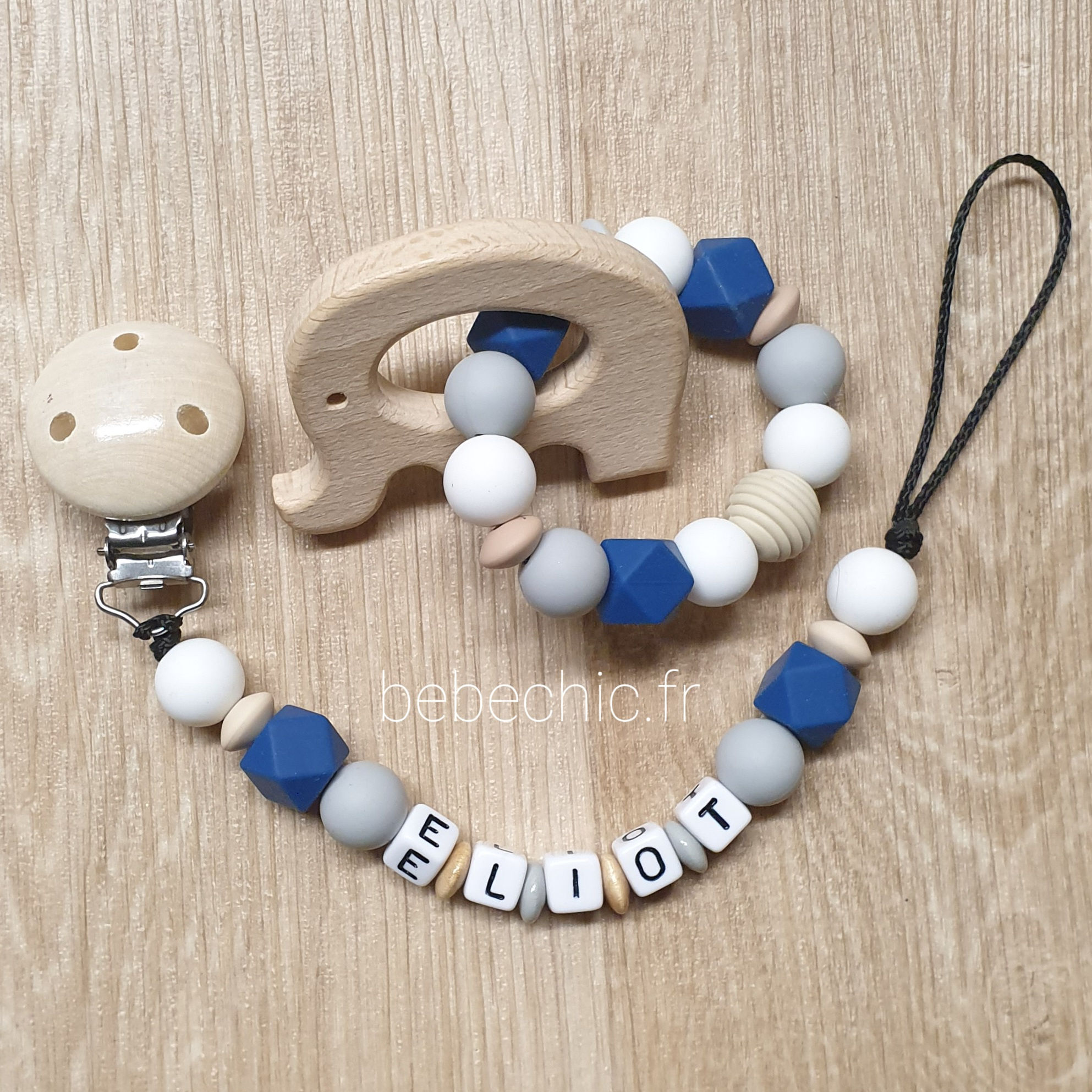 Attache-sucette prénom personnalisable - Bleu, gris, lin et blanc