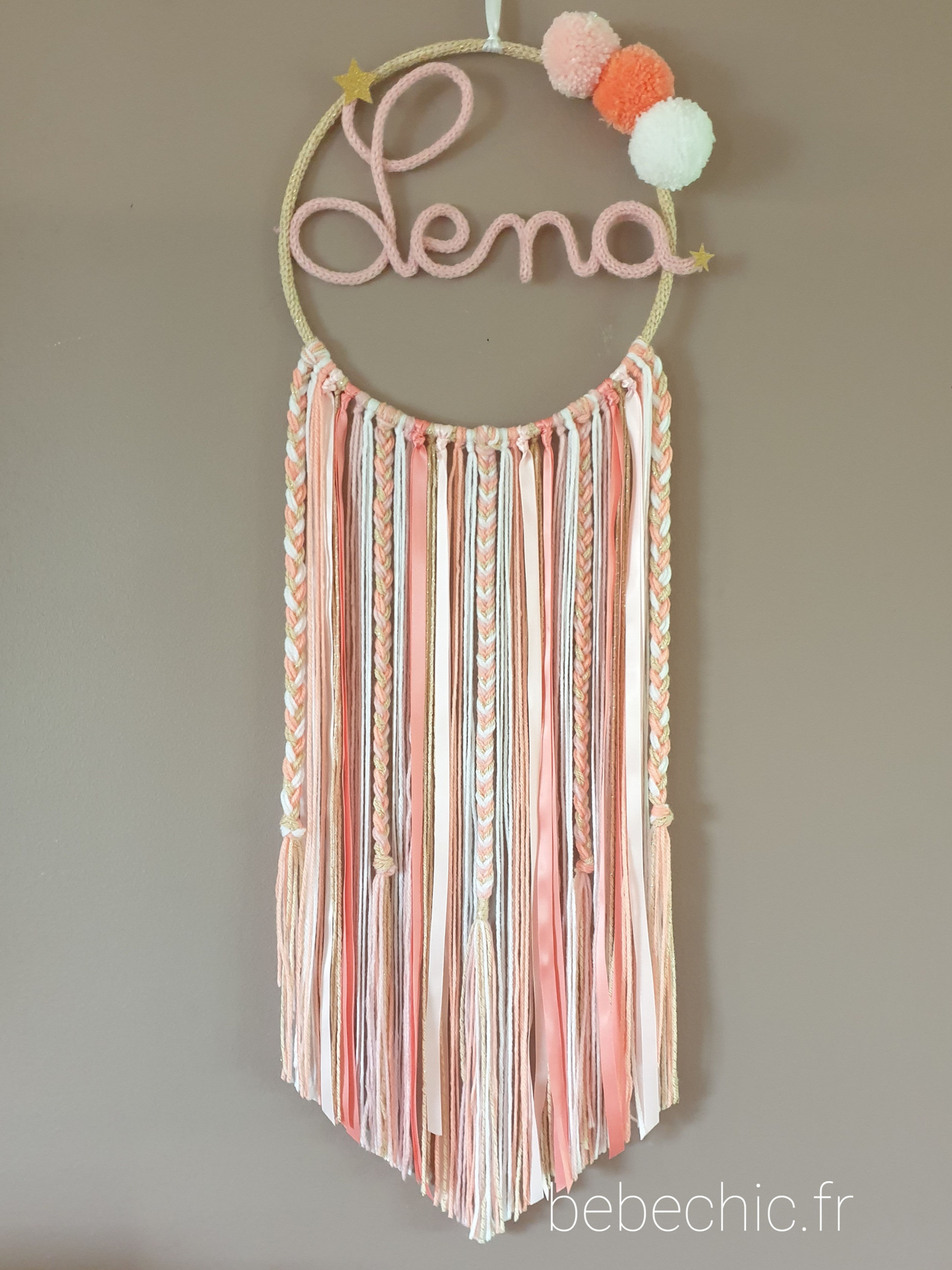 Attrape rêves personnalisé prénom, corail, rose, blanc et doré 