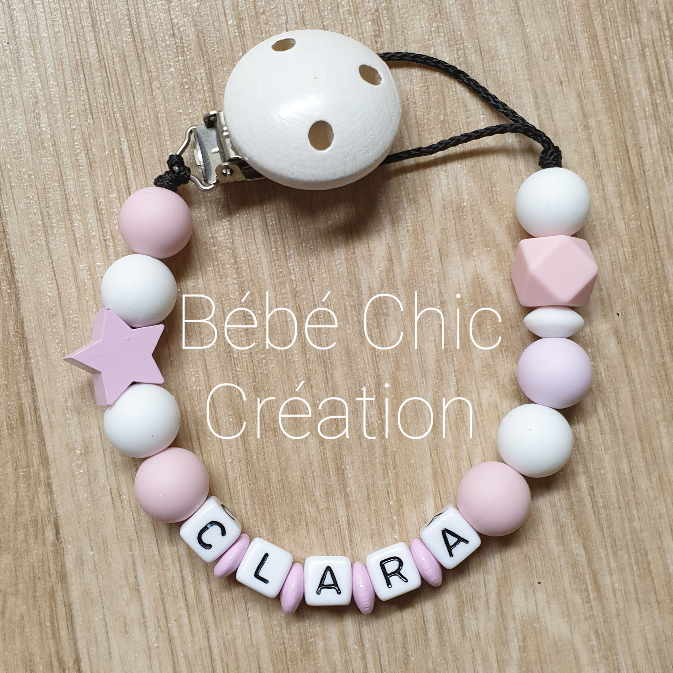 Attache sucette prénom personnalisable - Rose et blanc