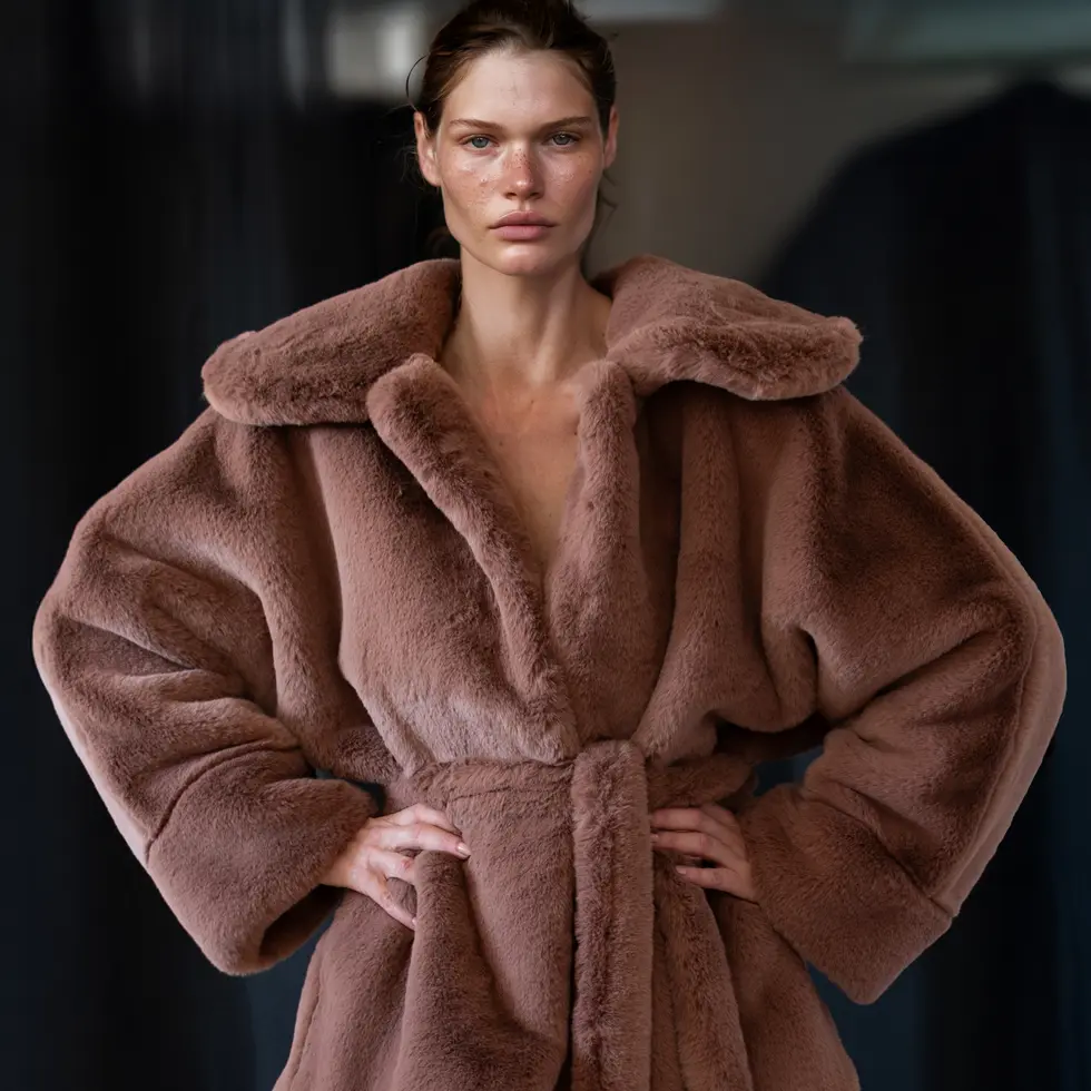 Abrigo oversize japonés en pelo mutón rosa maquillaje
