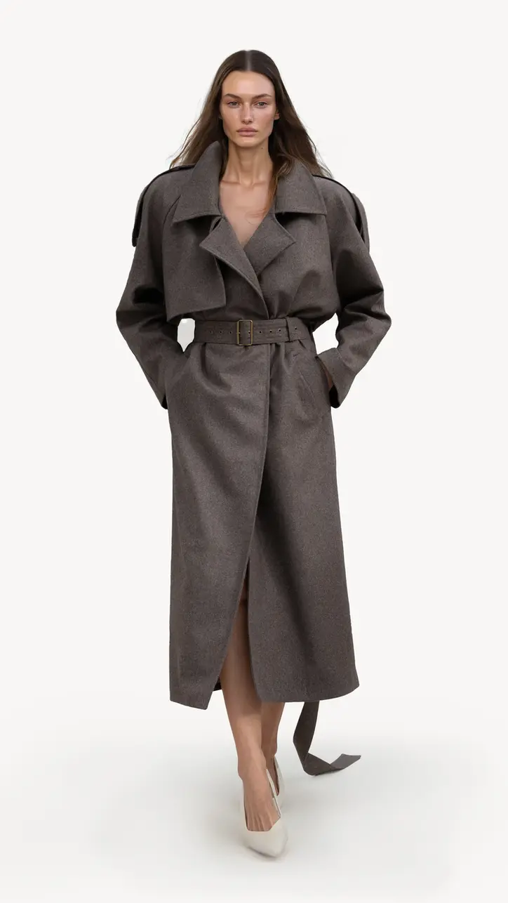 Modelo vistiendo gabardina marrón de lana, oversize, trabillas en los puños y cinturón ajustado, estilo contemporáneo