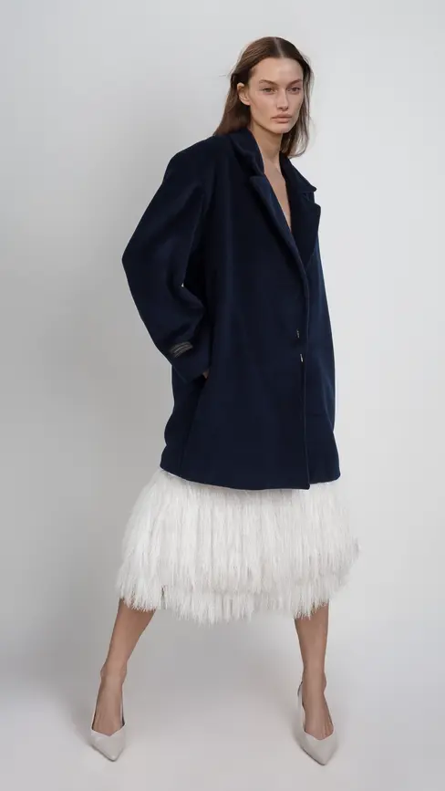 Vista lateral de abrigo corto oversize de cashmere azul