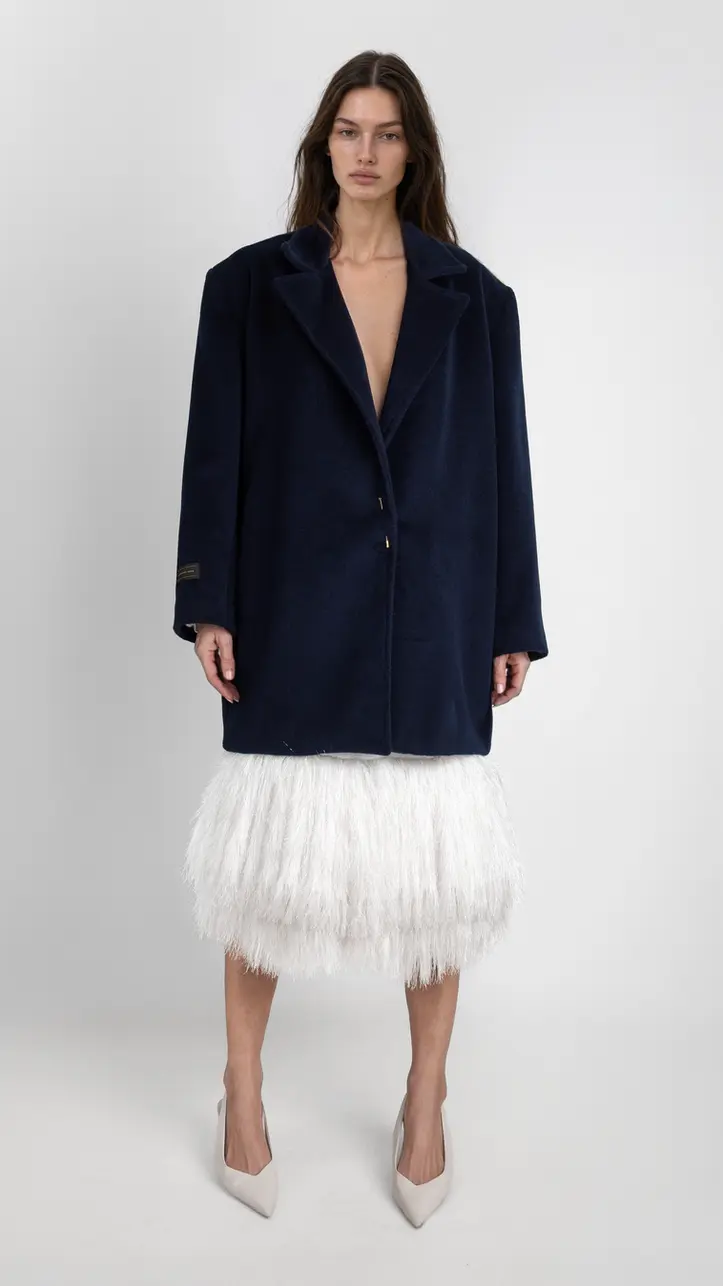 Abrigo femenino oversize de terciopelo de cashmere azul noche look con falda de flecos