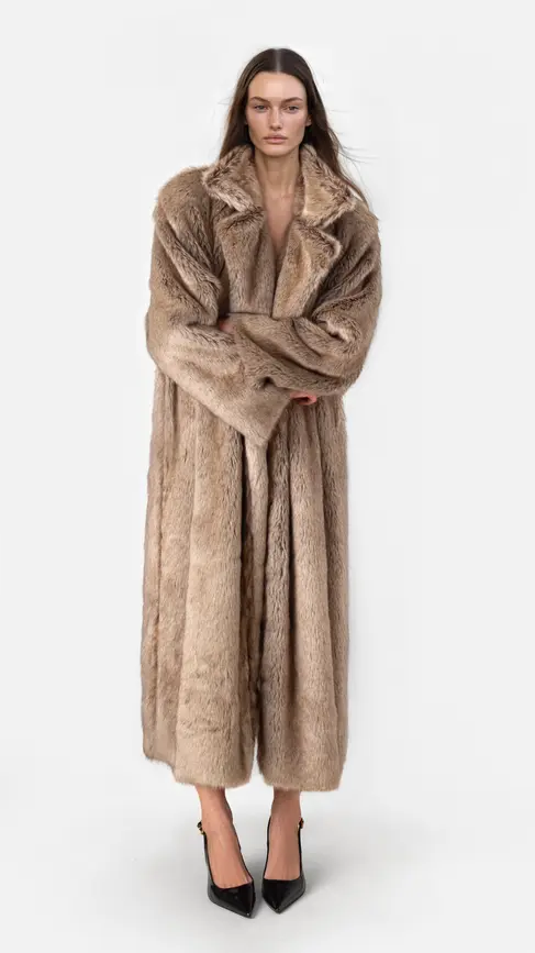 Abrigo de pelo sintético estilo faux fur en tono natural, largo y con silueta amplia.