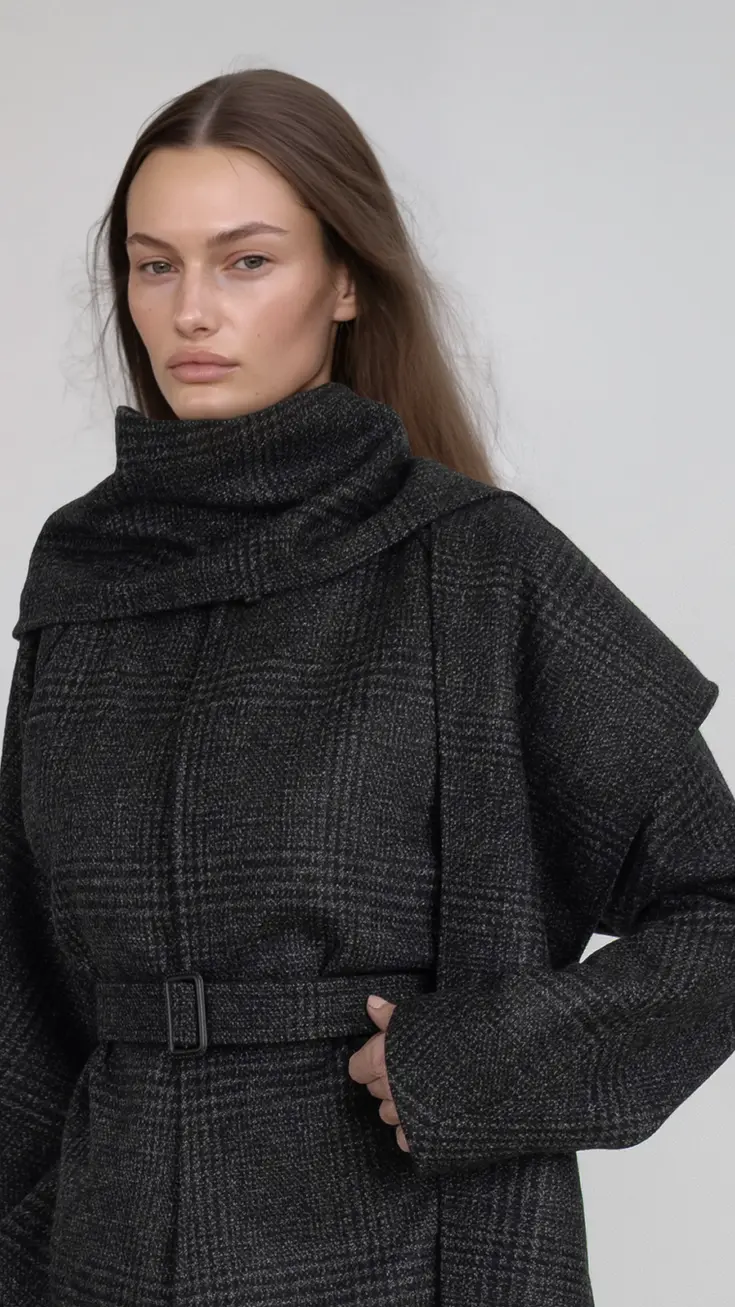 Detalle del cuello foulard y estructura de hombro en chaqueta japonesa de lana
