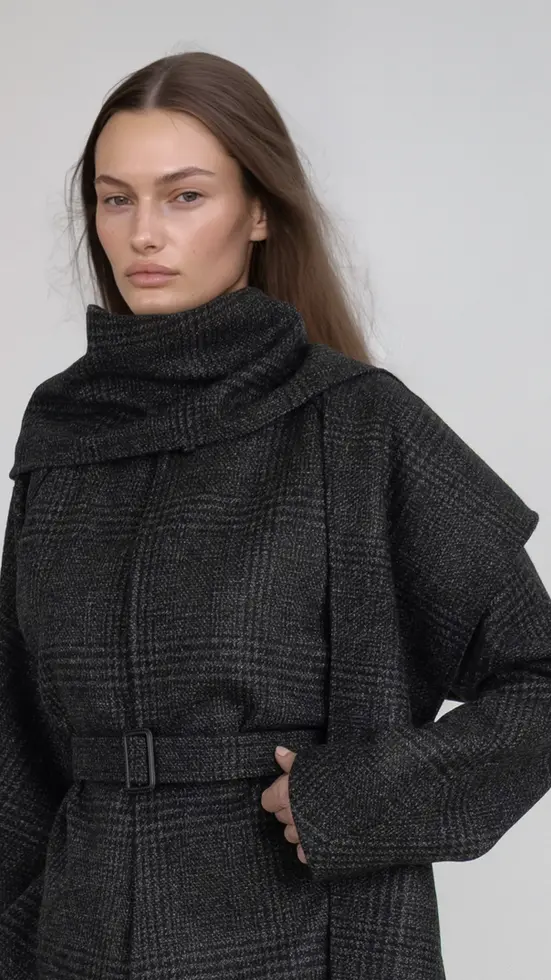 Detalle del cuello foulard y estructura de hombro en chaqueta japonesa de lana