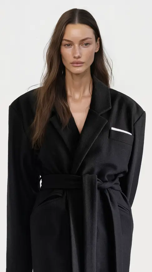 Modelo vistiendo abrigo masculino negro con bolsillo ticket pocket , diseño oversize y estilo clásico