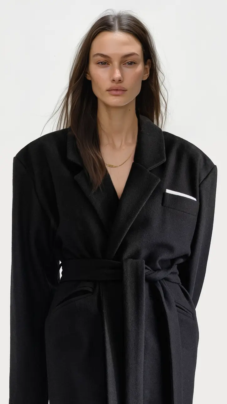 Modelo vistiendo abrigo masculino negro con bolsillo ticket pocket , diseño oversize y estilo clásico