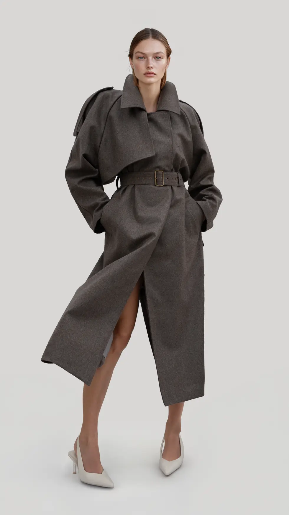Modelo vistiendo gabardina marrón de lana, oversize, trabillas en los puños y cinturón ajustado, estilo contemporáneo