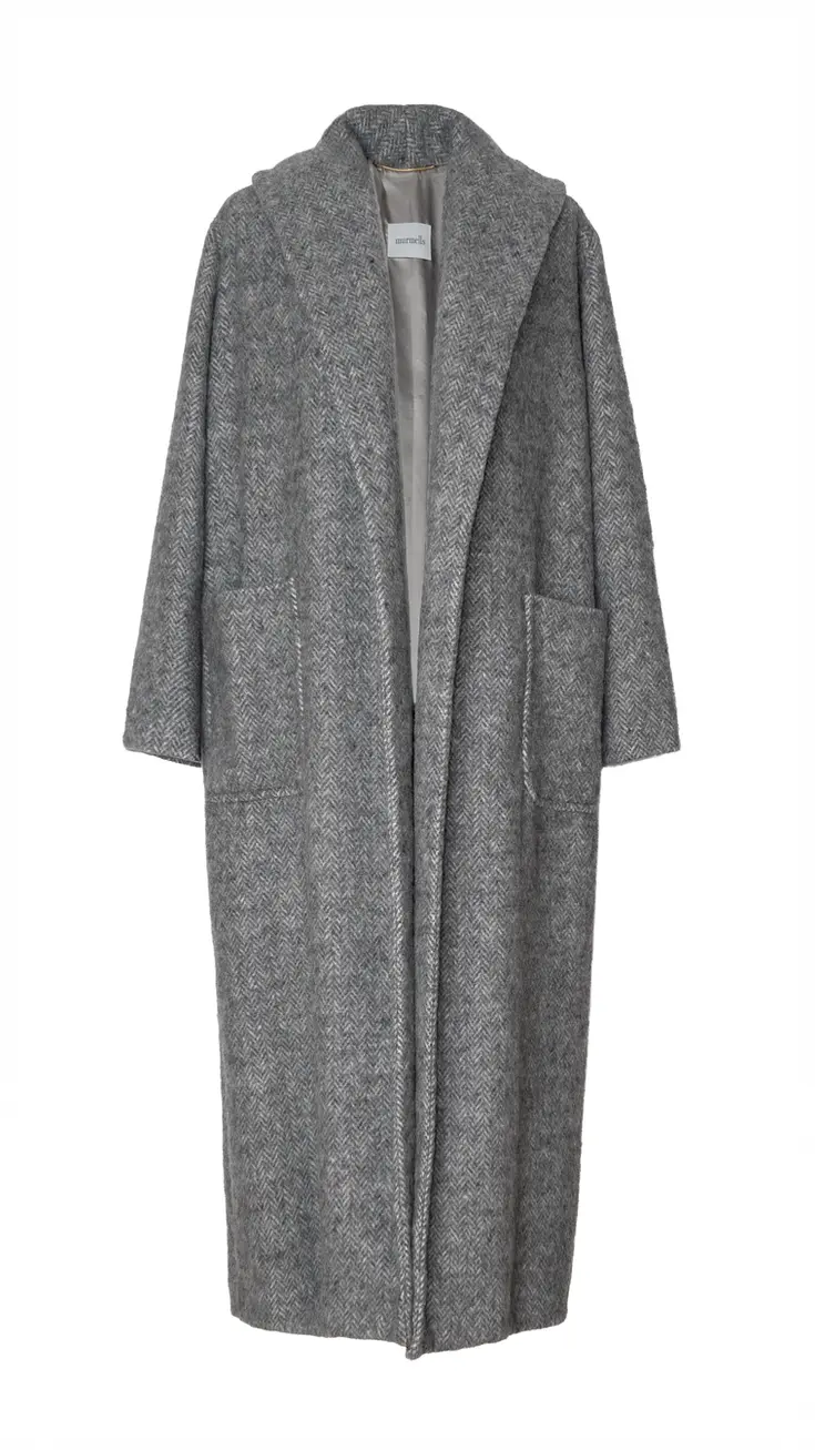 Abrigo maxi de lana de alpaca, cuello smoking y bolsillos plastón, producto frontal