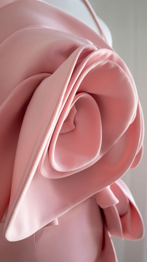 Macro detalle de la espiral de pétalos de la rosa central en crepé empolvado artesanal