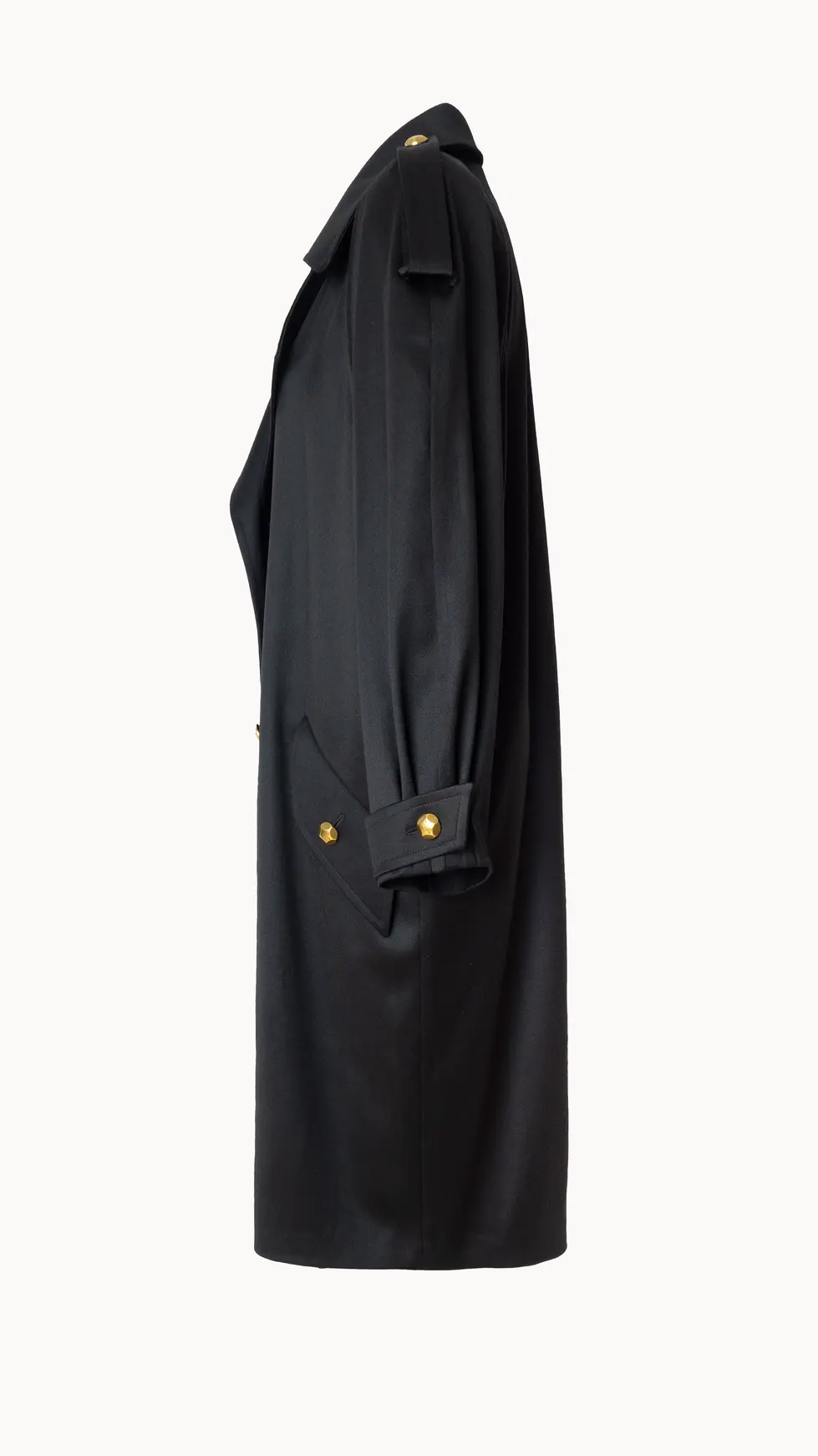 Gabardina oversize de lana virgen estilo años 80 con hombros amplios y mangas globo, vista lateral