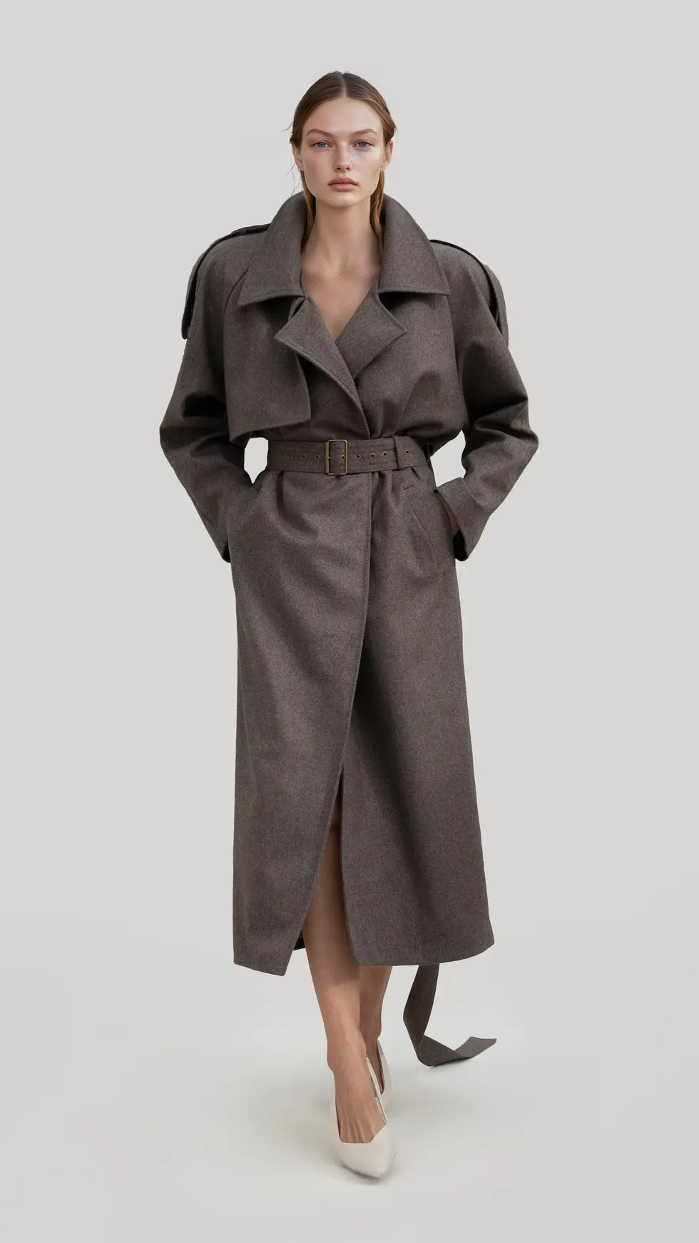 Gabardina oversize marrón con cinturón, charreteras y manga raglán, modelo mujer desfilando