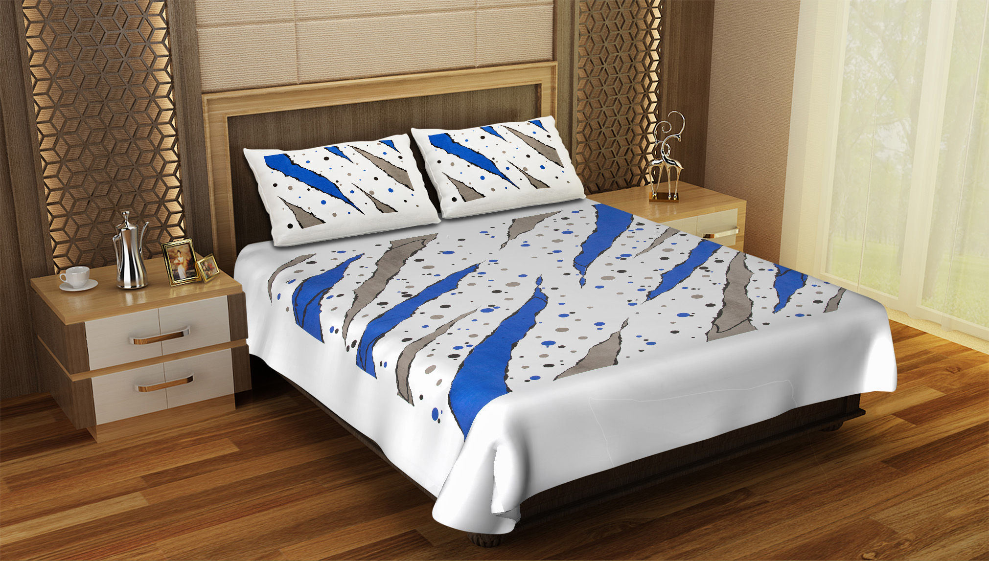 Letto  Cotton 200 TC Double Bedsheet  - King Size  9197 White Blue