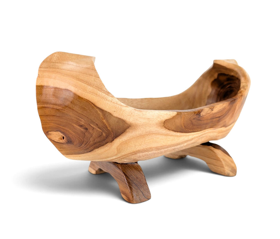 Hand-carved footed teak caddy with rustic character