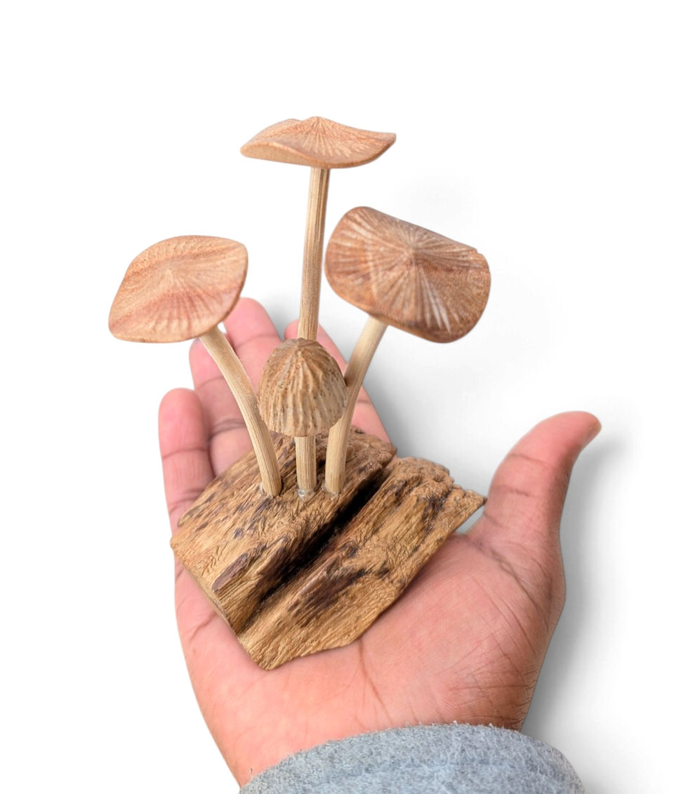 Thumbnail: Hand-carved mushroom cluster with grouped woodland forms