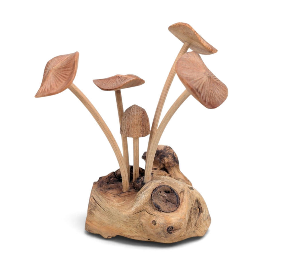 Small hand-carved natural wood mushroom cluster