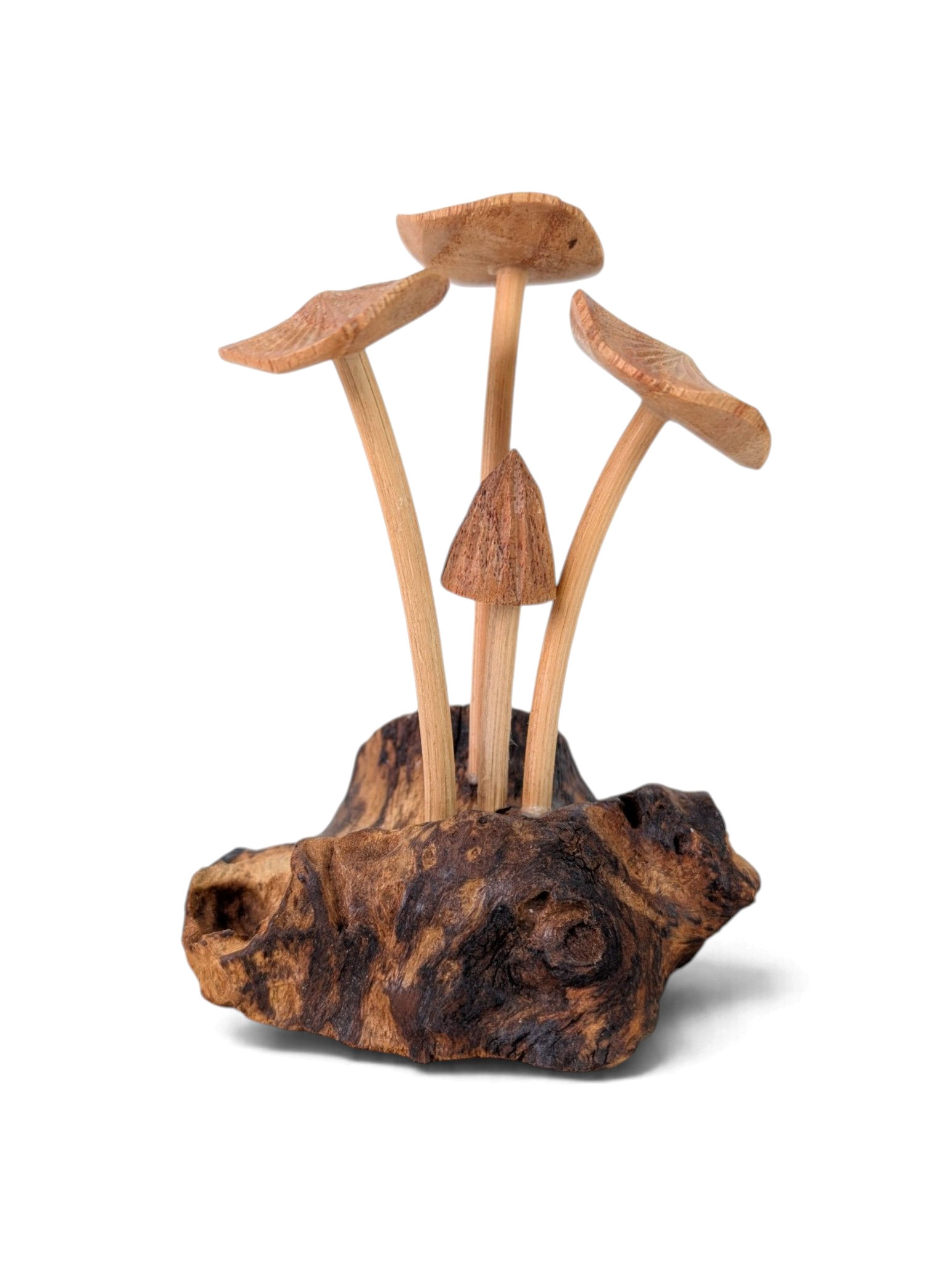 Small artisan wood mushroom cluster with hand-carved details
