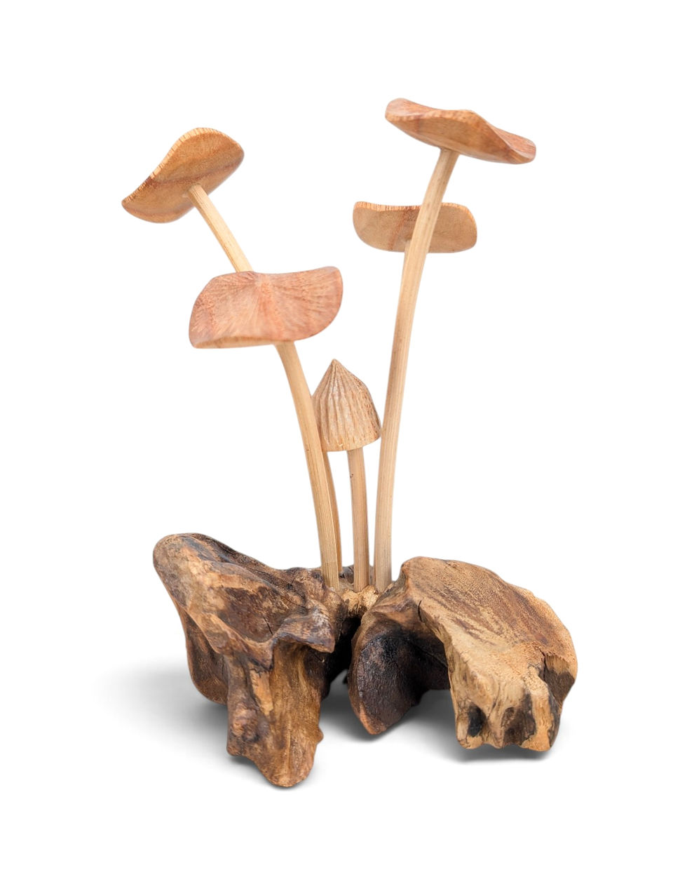 Small hand-carved natural wood mushroom cluster