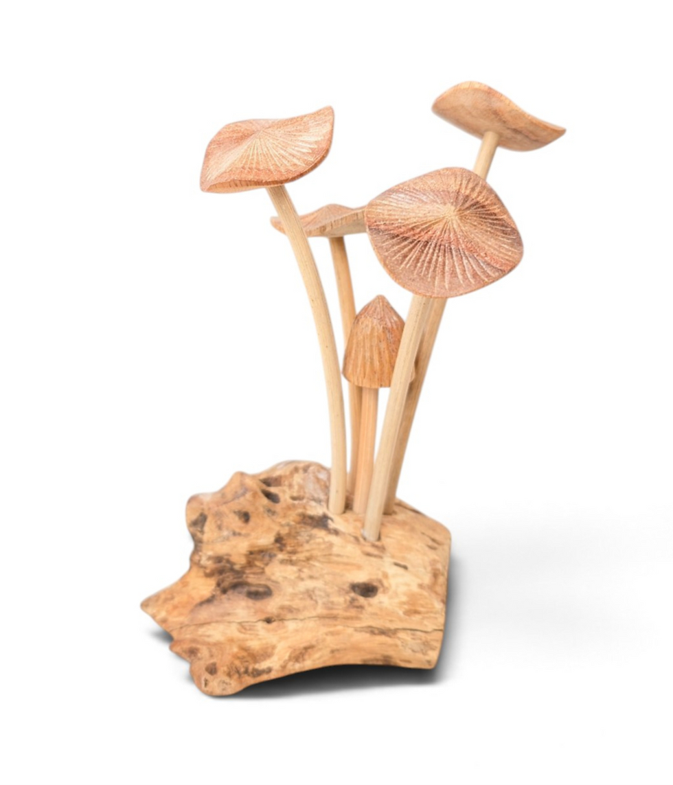 Small handcrafted natural wood mushroom cluster