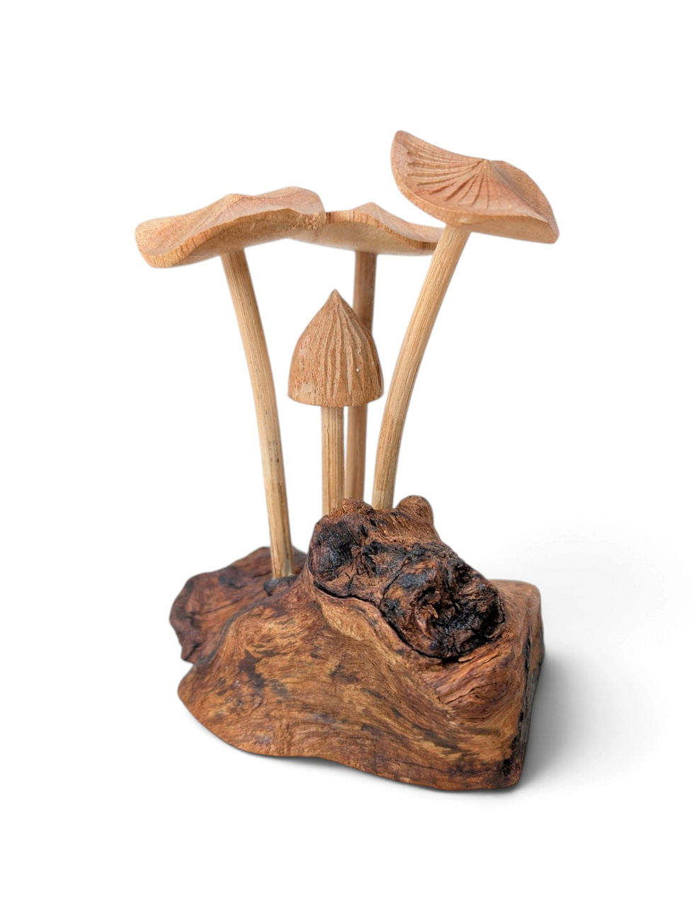 Small hand-carved natural wood mushroom cluster