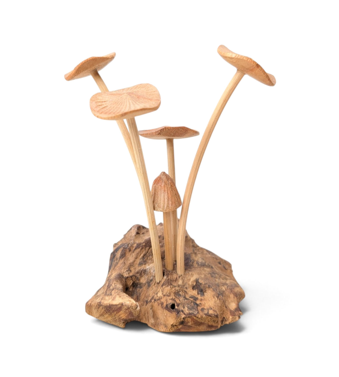 Small handcrafted natural wood mushroom cluster